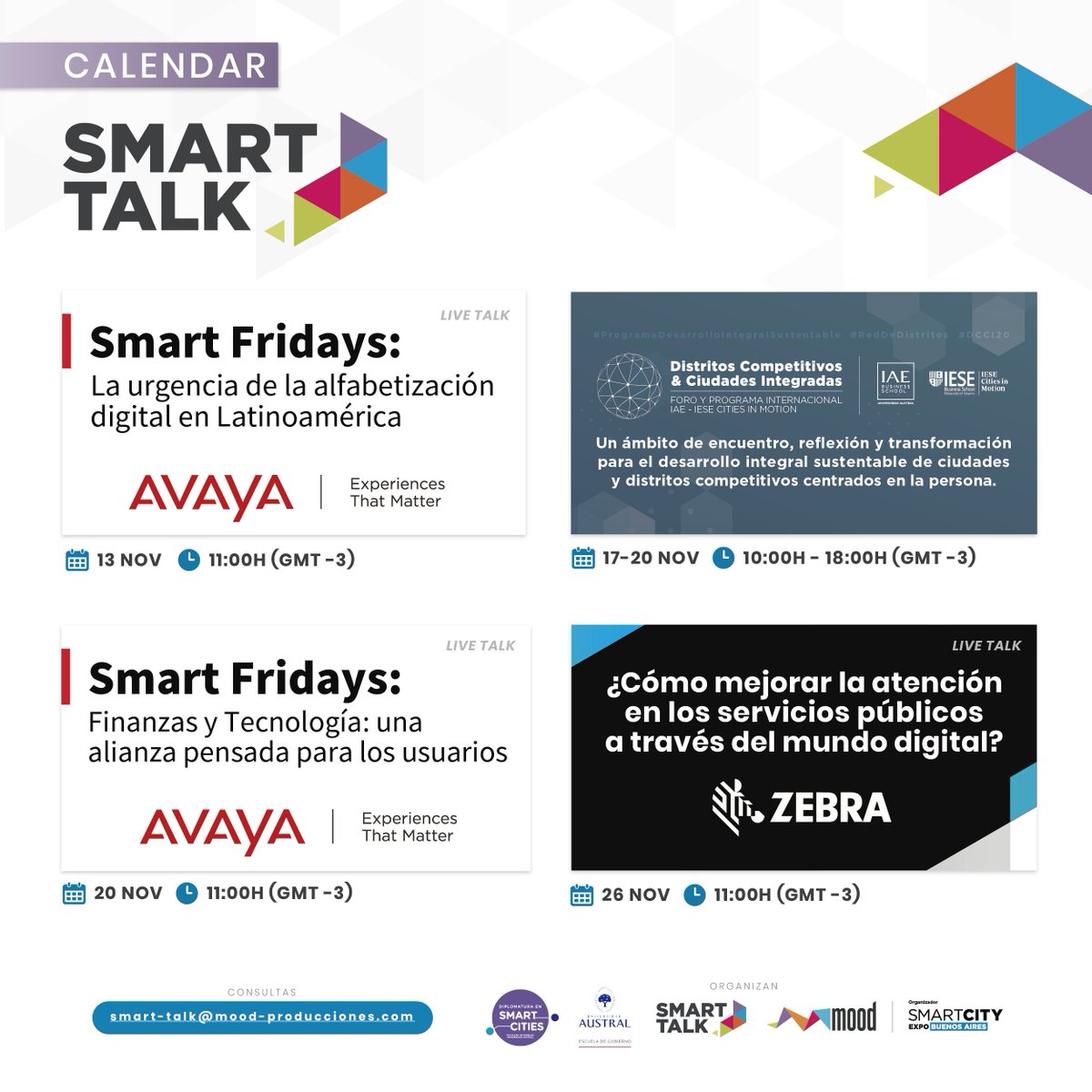 Smart_LiveTalks's tweet photo. Formá parte de los principales eventos de LATAM con SMART TALK! Sumate a:
▪ #SmartFridays con @Avaya_Latam (13 y 20/11) 👉 https://t.co/04gKlb475t
▪ #DCCI20 (17-20/11) 👉 https://t.co/Lr9NRf5Oe0
▪ #LiveTalkSession con @ZebraTechnology (26/11) 👉 https://t.co/LzeDNDt7S0 https://t.co/hQDXTE4HC6
