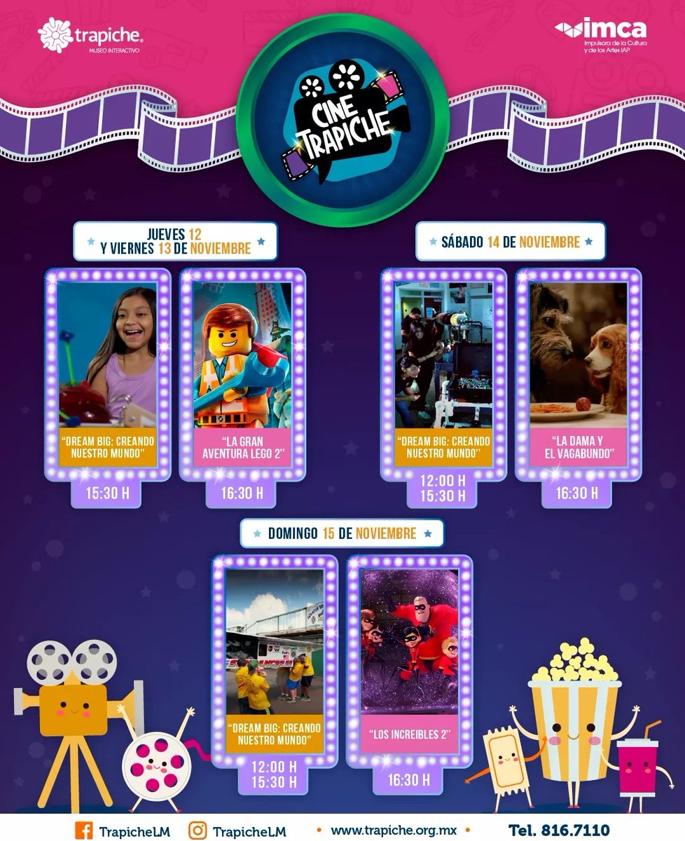 Esta es la cartelera de #CineTrapiche de esta semana 🎬🤩🎬

Disfruta de los mejores documentales y películas, así como otras áreas y servicios. Consulta los horarios y recomendaciones de visita segura. Trapiche #ReactivaYTeCuida #AprenderParaCrecer 💚