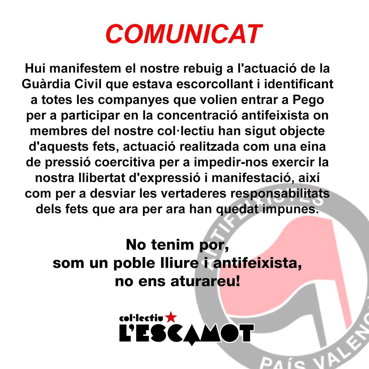 Endavant_Ribera's tweet photo. 🗣️Per la llibertat d'expressió i manifestació, per l'antifeixisme i la llibertat del nostre poble.
👉🏽Solidaritat per les antifeixistes detingudes. Ara i sempre.✊🏽✊🏽
#Lescamot #antifeixistesPV #PPCC https://t.co/XJWYw9TRzv