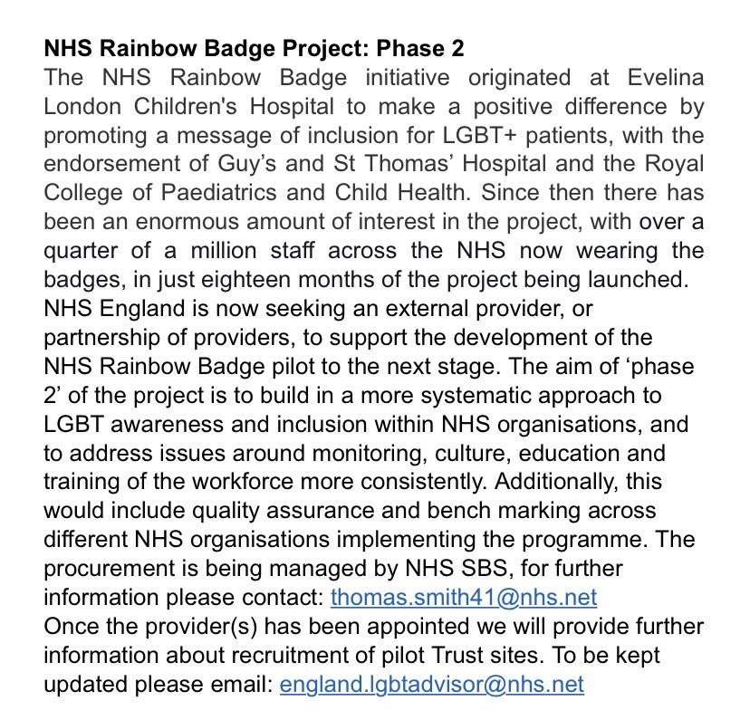 The  @NHSEngland LGBT+ Health Team ( @drmbrady  @lizzietweeter  @TashMashhh) sent around an email update today, including an update on Phase 2 plans for  @RainbowNHSBadge