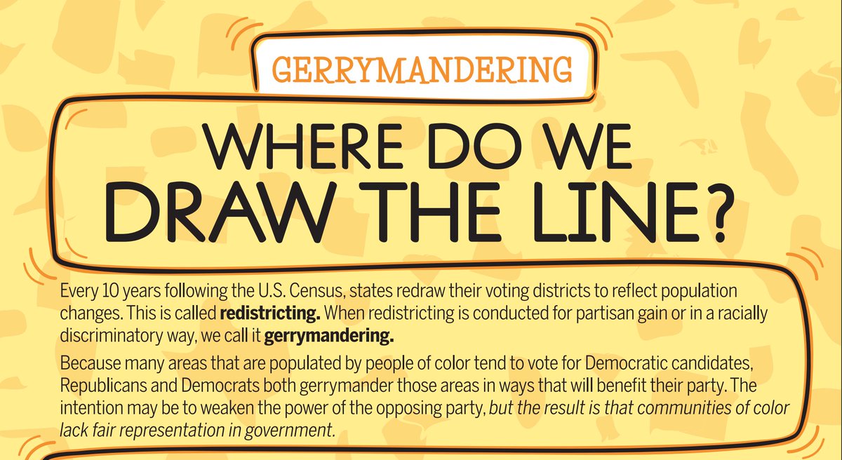 icivics's tweet photo. Where do we draw the line? 

Use this NEW infographic to teach how redistricting turns into gerrymandering, and how gerrymandering can negatively impact people in those districts: https://t.co/ZQCdVfpqgl #HSGovChat #sschat https://t.co/JjeiW45VWU
