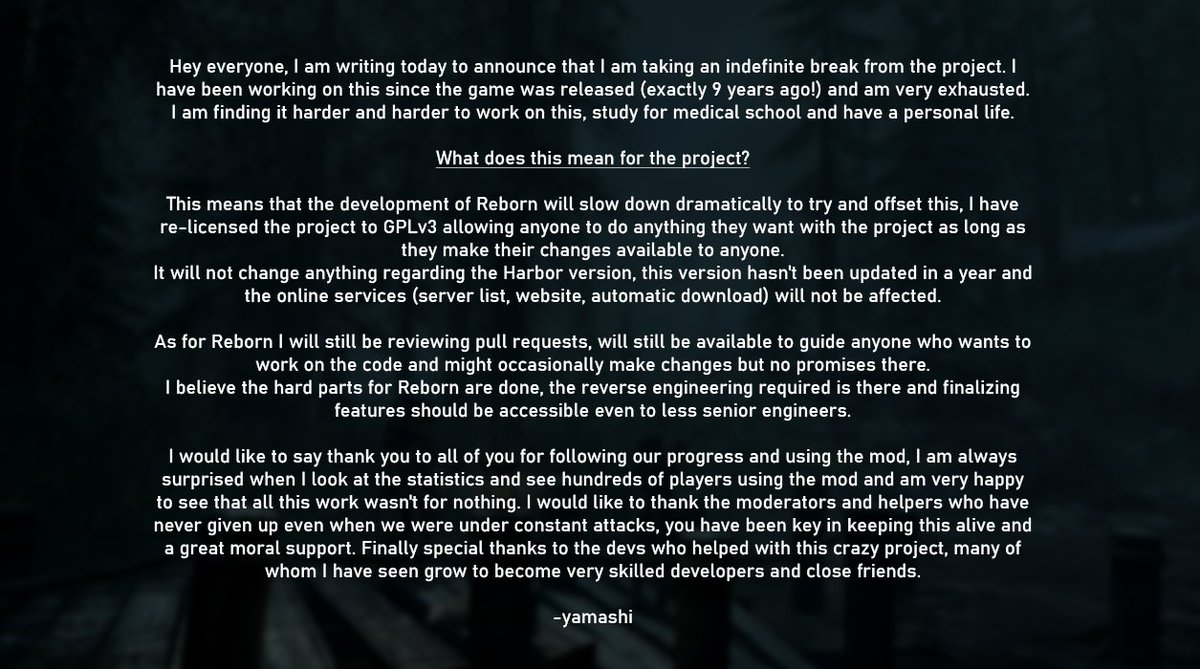 Skyrim_Together's tweet photo. Our head developer, yamashi, is taking an indefinite break from the project, and had a message for you guys.
He was the origin of bringing multiplayer to Skyrim, 9 years ago.
Thank you for your dedication and hard work, yamashi❤ https://t.co/HRC6A8UeKz