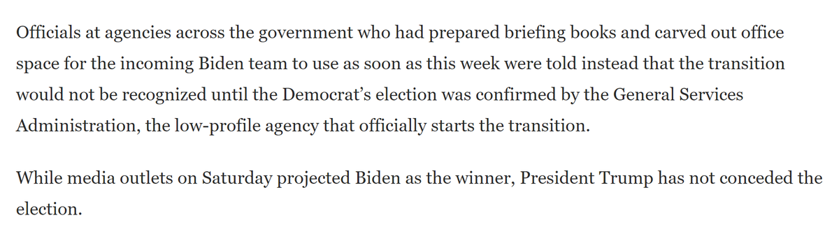 Read every word of this, especially in the last screenshot. https://www.washingtonpost.com/politics/trump-transition-agencies-biden/2020/11/09/ad9f2ba2-22b7-11eb-952e-0c475972cfc0_story.html