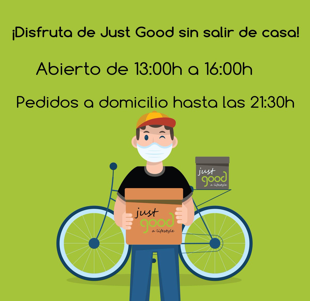infoJustGood's tweet image. Os animamos a que hagáis vuestros pedidos a domicilio y ayudarnos a superar esta complicada situación. 💚

#salvemoslahostelería #apoyalahostelería #repartoadomicilio #takeaway #justgood #comidasanaysaludable