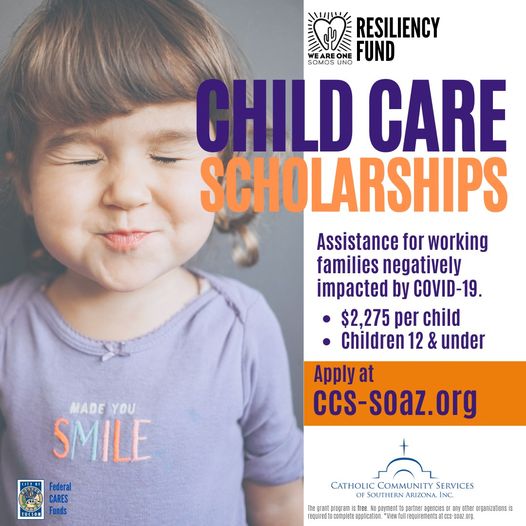 CCSofSOAZ's tweet photo. Need financial assistance with childcare due to Covid-19? We are partnering with @TucsonRomero and @cityoftucson to provide scholarships for families! Apply now at https://t.co/lZFEpm5AS5

@whatsuptucson @unitedwayaz @Tucson12 @TucsonStar https://t.co/GU4xHcKyCB