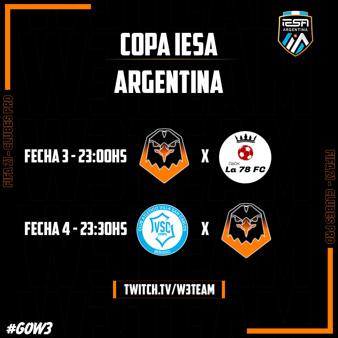 w3_team's tweet photo. ⚽️ #ClubesPro

Esta noche seguiremos en busca del pase a la siguiente fase en la #CopaIESAArgentina ante La 78 y @VSC_eSPORTS.

➡️ Desde las 23:00hs por https://t.co/Mzn5IuoHIG https://t.co/6Pi7MhdvKM