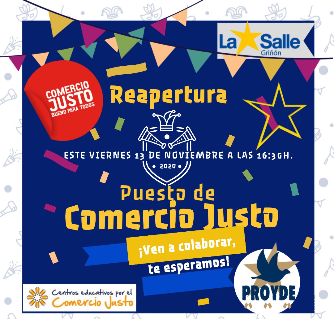lasallegrinon's tweet photo. Este viernes 13 de 16:30 a 18:00  volvemos con el Punto de entrega de Productos de #COMERCIOJUSTO @PROYDE enfrente de Recepción.
Los alumnos de grupos cristianos acceden desde la pista azul.
El resto y familias por entrada principal de la calle Levante, haciendo fila por turnos https://t.co/zMZN6A7CqH