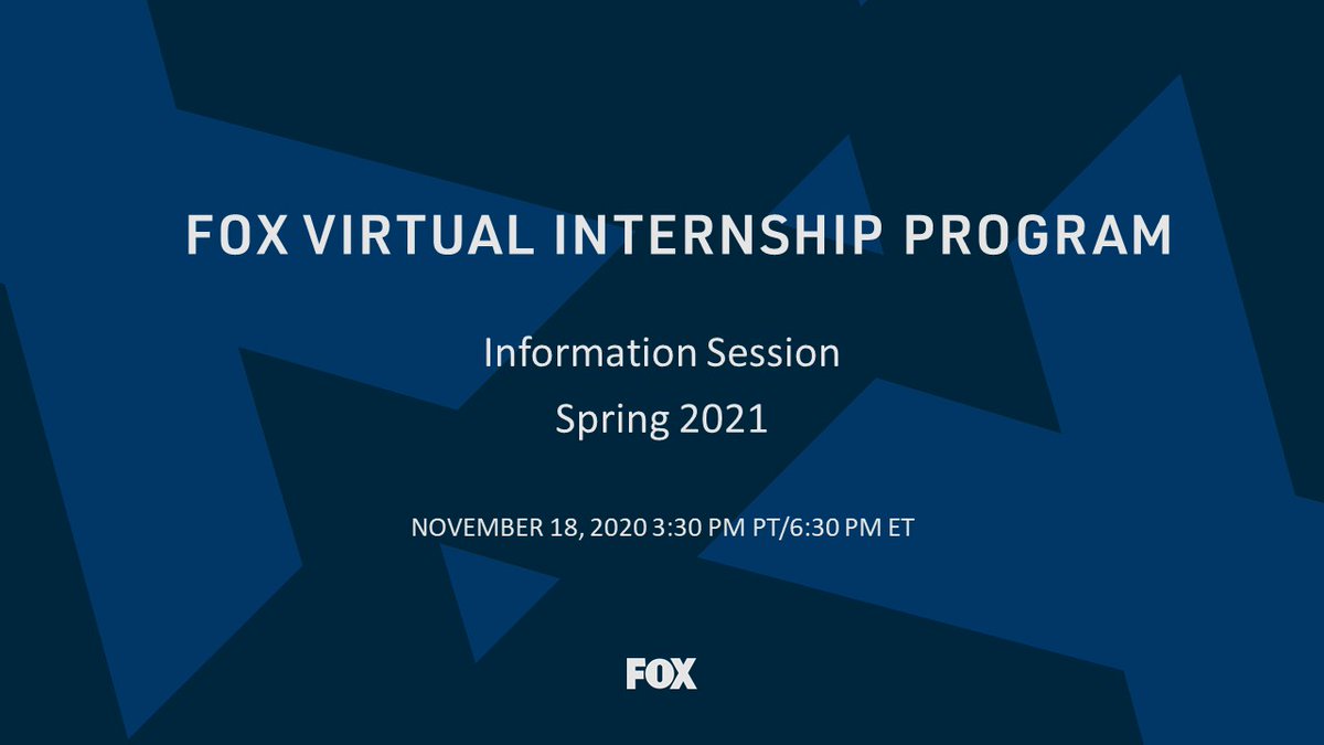 FoxCareers's tweet photo. Have questions about FOX's Virtual Internship Program? We got you covered. 😉

Our Campus Team is hosting an information session on November 18th to answer your #internship questions. Register today! #FoxEntertainment #FoxTechnology #FoxSports #FoxNews

https://t.co/Rz6f25UNCh https://t.co/z6rB4H2Wvo