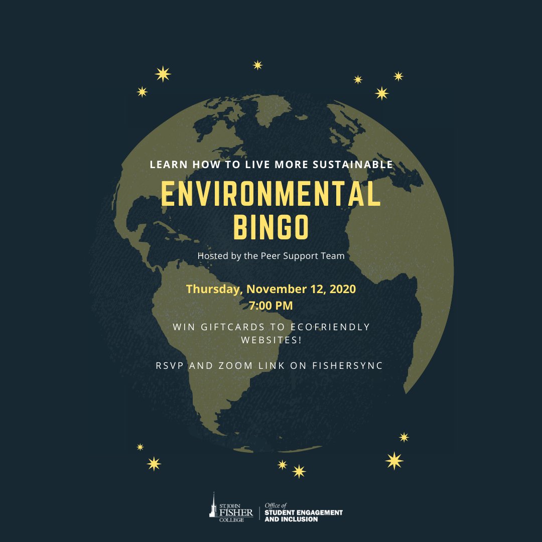 Join Peer Support Team Members, Ellie and Grant, to learn about environmental wellness and win gift cards to environmentally conscious stores. Thursday night, November 11th, 7 PM on Zoom. RSVP and Zoom link is on FisherSynce