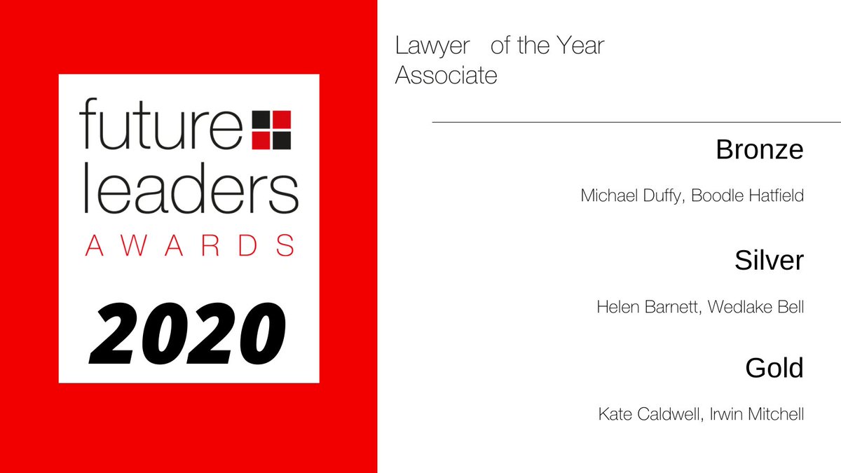 Citywealth's tweet photo. Congratulations to the #Bronze #MichaelDuffy @BoodleHatfield #Silver #HelenBarnett @WedlakeBell and #Gold #KateCaldwell @irwinmitchell – Winners of the Lawyer of the Year (Associate) category in the @citywealth #FLAwards 2020 https://t.co/WzWQqJfd34