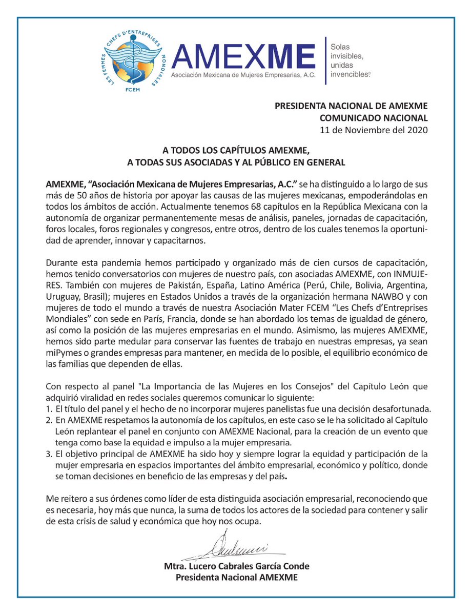 amexme's tweet photo. Con respecto al panel "La Importancia de las Mujeres en los Consejos" del capítulo @AMEXME_Leon que adquirió viralidad en redes sociales queremos comunicar lo siguiente: 1. El título del panel y el hecho de no incorporar mujeres panelistas fue una decisión desafortunada . https://t.co/XXx4FrgY8H