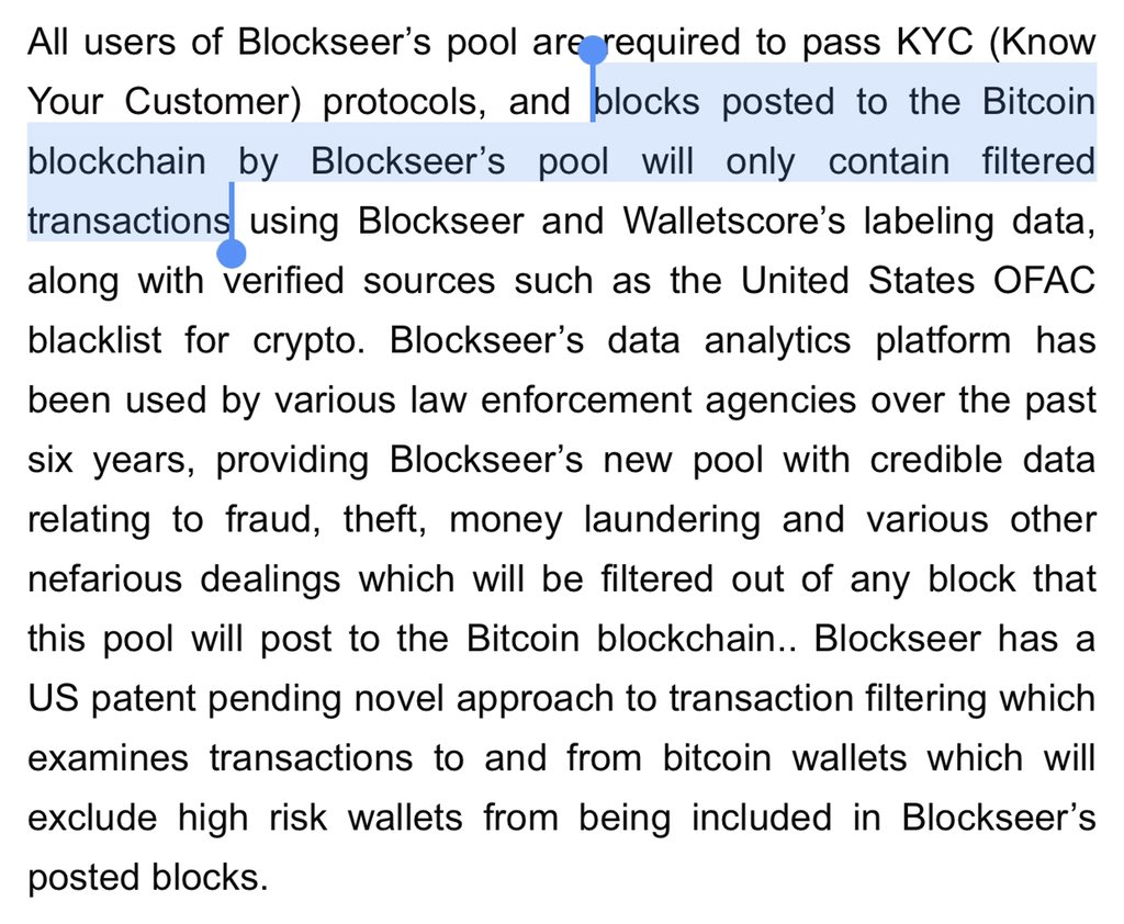 It’s only a matter of time till most Bitcoin mining pools are forced to do this transaction filtering. Might be time to dust off p2pool + focus on Stratum v2 support for pools. Also worth noting that adding more privacy to Bitcoin would prevent this.

h/t <a href="/JEhrenhofer/">Josef Ehrenhöfer</a>