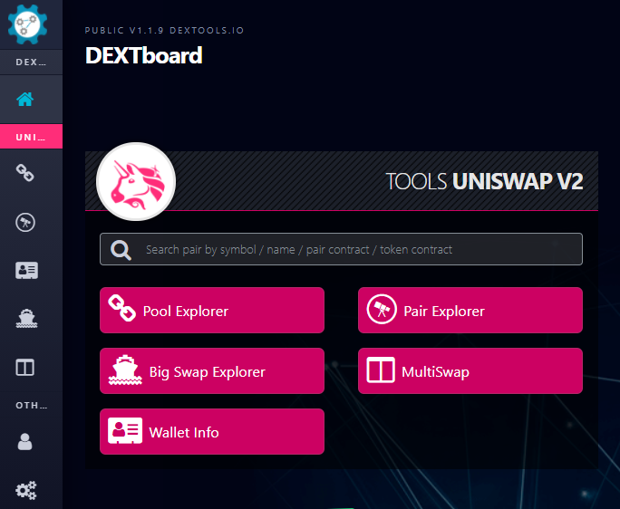 DEXToolsApp's tweet photo. Hi $DEXT, we are pleased to introduce our UPDATE 1.1.9, @Bitboy_Crypto, this is especially for you:
- Pair dashboard search  🔍
- Tradingview fullscreen  📈
- Dark mode default 🌘     
- Tools visible on the side ⚒️
- Add position button on the tx   💯
- Hot pairs in all tools 🔥 https://t.co/GmKsLKP1Q3