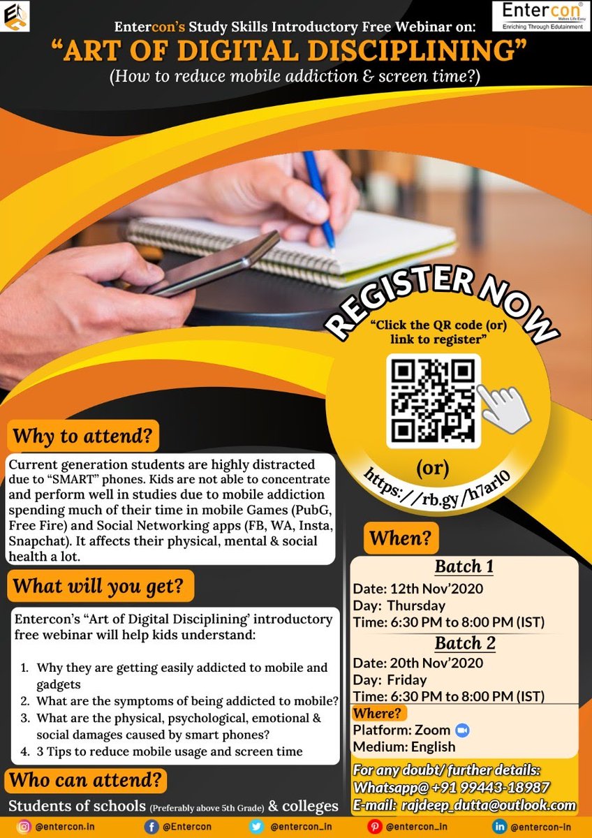 entercon_in's tweet photo. Webinar Details for School &amp; College Students
Topic: Art of Digital Disciplining–(How to reduce mobile addiction &amp; screen time)
 
Batch 1: Date – 12th Nov’20 (Thursday)
Batch 2: Date – 20th Nov’20 (Friday)
Time: 6:30 PM to 8:00 PM (IST)
 
Link: https://t.co/QNnFd5dLws https://t.co/G5AfUHF9NB