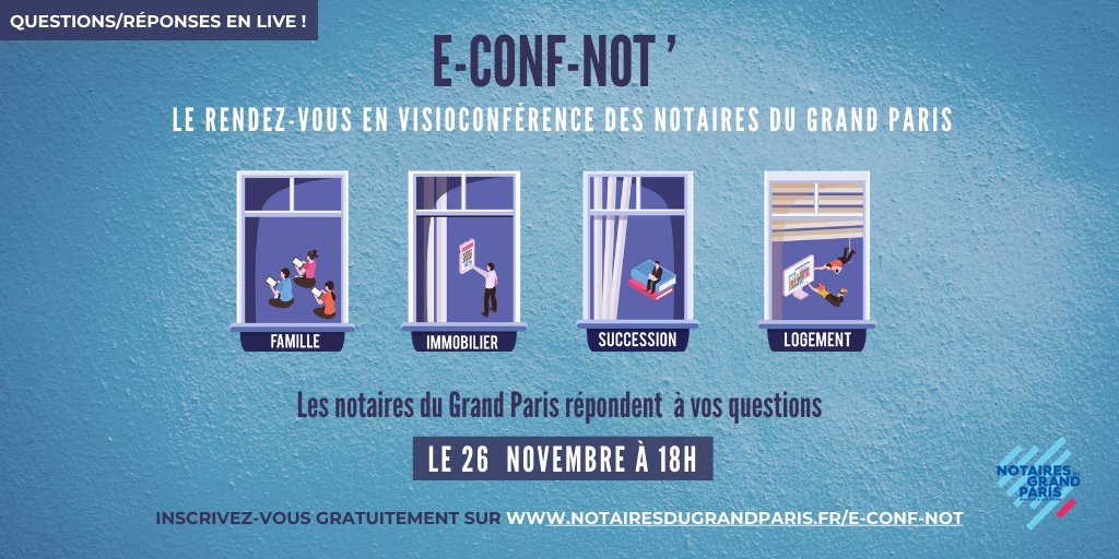 🗓️Les #Notaires du #GrandParis vous donnent rendez-vous jeudi 26 novembre à 18h pour répondre à toutes vos questions dans ce contexte de #confinement.
#Visioconférence ouverte à tous gratuitement.
🔽 INSCRIPTION GRATUITE ICI 🔽
notairesdugrandparis.fr/fr/evenements/…