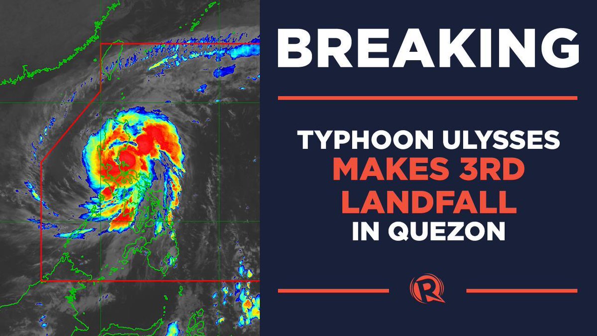 rapplerdotcom's tweet image. BREAKING: Typhoon Ulysses (Vamco) made its 3rd landfall in Quezon, this time in General Nakar, at 1:40 am on Thursday, November 12, 2020.

Previous 2 landfalls also in Quezon: Patnanungan &amp;amp; Burdeos. rplr.co/UlyssesPH #WeatherAlert #UlyssesPH