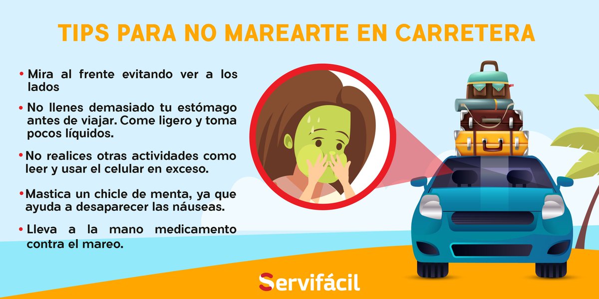 ServifacilGas's tweet photo. Seguro que todos conocemos a alguien que se marea en carretera 🤢, aquí te damos algunos #servitips para lograr un viaje tranquilo. #másporti #servifácil 🤓📝 https://t.co/DauJiNLfFO