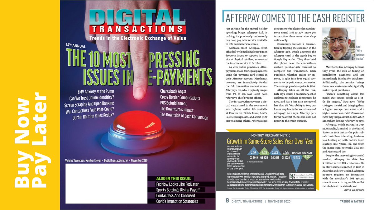 "Afterpay in-store requires no integration with the merchant’s POS system since it uses existing mobile wallet rails to house the virtual card." <a href="/DTPaymentNews/">Digital Transactions</a>