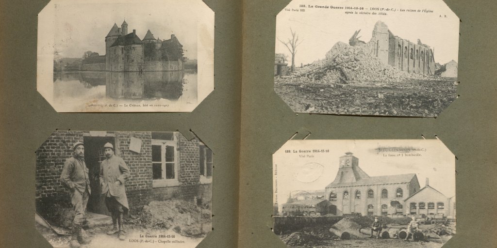Gordon Stokes, who served with the British Army, collected mass-market postcards to share the effects of war with his fiancé and family back home. Postcards with images of the damage dealt to towns were often sold in packs to soldiers during the war.  https://fisherdigitus.library.utoronto.ca/exhibits/show/wwi/albums-and-scrapbooks/gordon-stokes--postcards