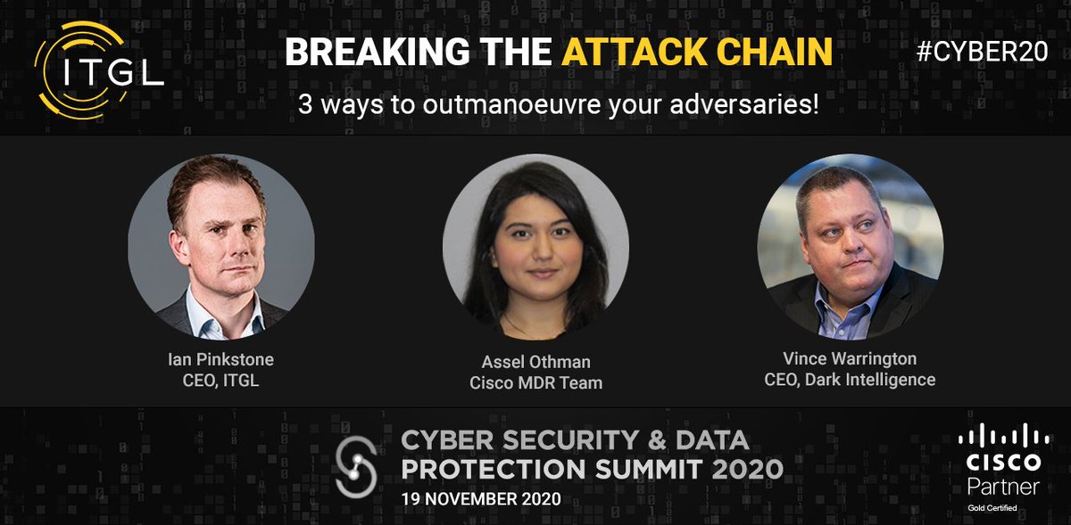 Join us at #Cyber20 Summit and listen to our panel of experts featuring ITGL CEO, Ian Pinkstone, <a href="/aseeloth1/">Aseel Othman</a> from <a href="/Cisco/">Cisco</a> Manage Managed Detection and Response team, and Dark Intelligence CEO, <a href="/WarringtonVince/">Vince Warrington</a> talk about effective cyber defence.