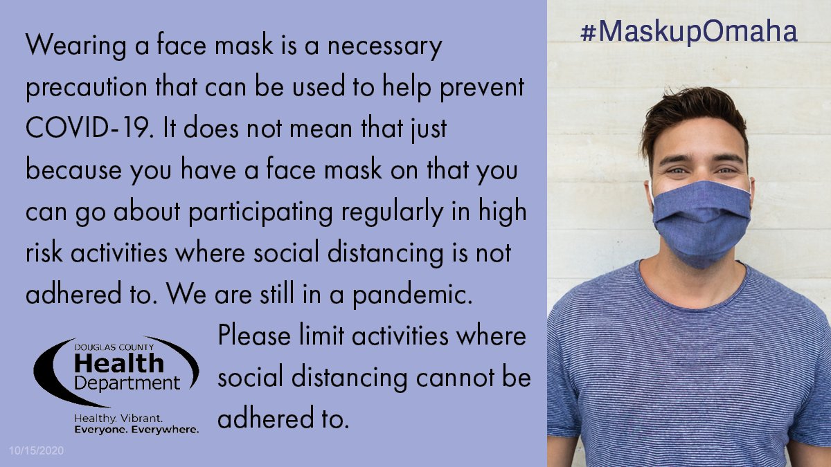 HealthDouglasCo's tweet photo. Masks have been proven to be effective in preventing COVID-19 Transmision. Let's all #Wearamask #Socialdistance #WashYourHands
@NebraskaMed @UNMCCOPH @unmc @KETV @WOWT6News @3NewsNowOmaha https://t.co/NFuD1SvpCC
