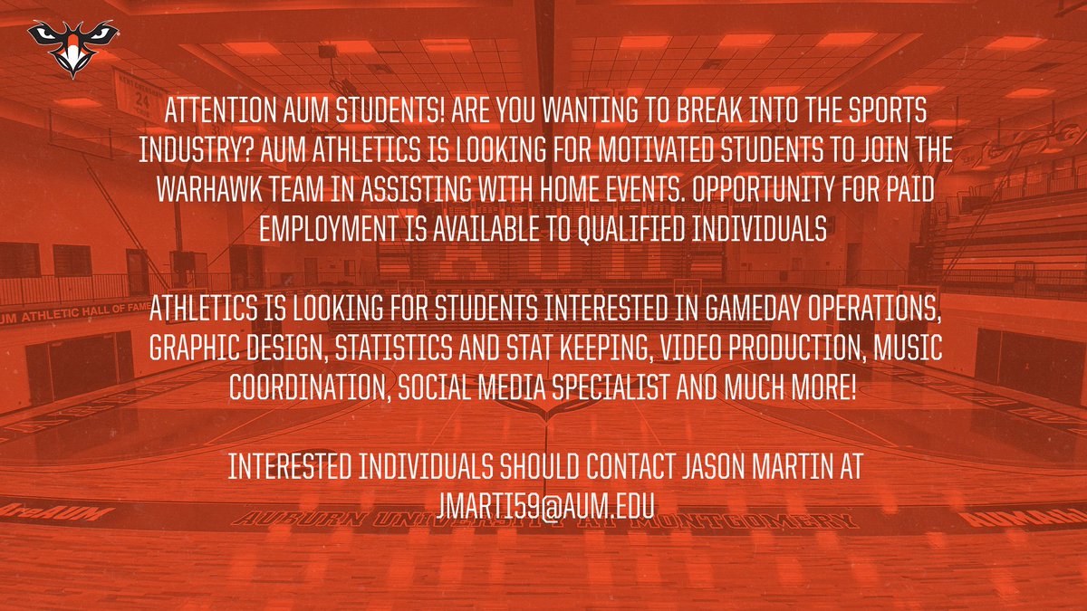 🚨 AUM STUDENTS 🚨

Are you looking to break into the sports world? We are looking for individuals to help assist our staff with home events! #WeAreAUM