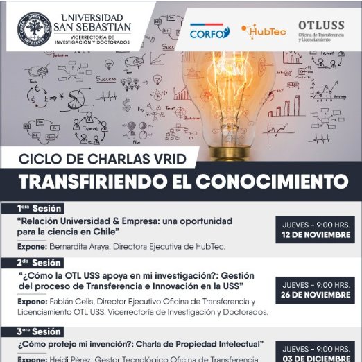 otluss's tweet photo. OTLUSS y @USanSebastian invita a participar del Ciclo de Charlas: "Transfiriendo el Conocimiento" mañana jueves 12 de noviembre a partir de las 09:00 am
Ingresa acá: https://t.co/b0bnRp04uc

#transferencia #licenciamiento #propiedadintelectual
@inv_uss @Corfo https://t.co/z6zL38hVPD