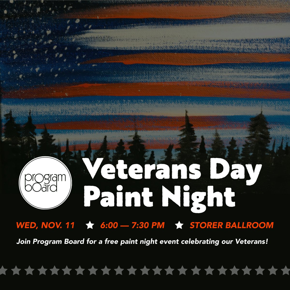 Hey Rams! Join us in celebrating our Veteran's with a special paint night TONIGHT! Starting at 6pm in Storer Ballroom, we can host up to 25 people in person! You may see a hint of what we'll be painting in this post! 😉 See you there!
