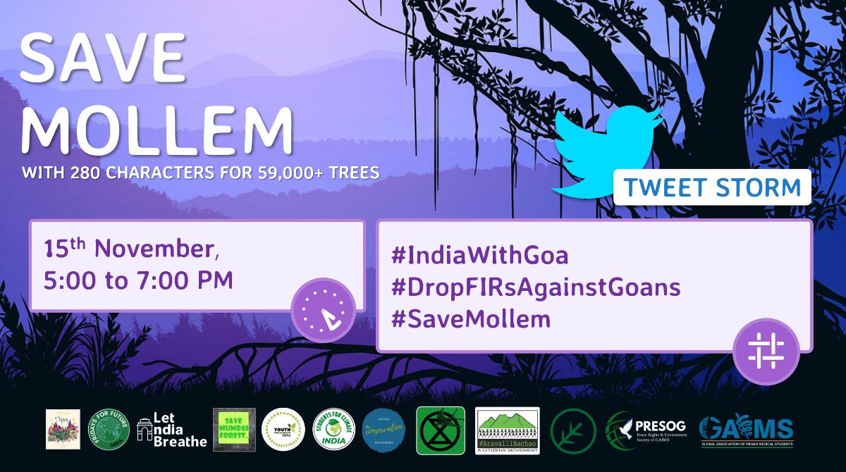 savemollemgoa's tweet photo. 🚨TWITTER STORM ALERT🚨
📢 Children of the forest! 
We are calling out to you to Mark your calendars! ☑️
✊🏾Join us in our fight to #SaveMollem, on Sunday, 15th November, from 5-7PM IST❗
💚#AmcheMollem needs you!💚
RT please🙏🏾 https://t.co/VA59XEnKHz