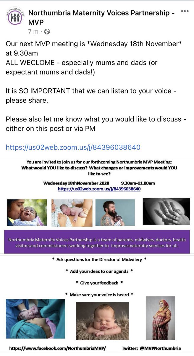 The next @NorthumbriaNHS @MvpNorthumbria meeting is the 18th November. Open invitation to all service users, please join and share your views. #coproduction #betterbirths #mvp @KatyLissaman @tanyatappy @julesb300 @gayleth33989459 @BrightMidwives @M_LadyFrench @clagger0 @cltoman