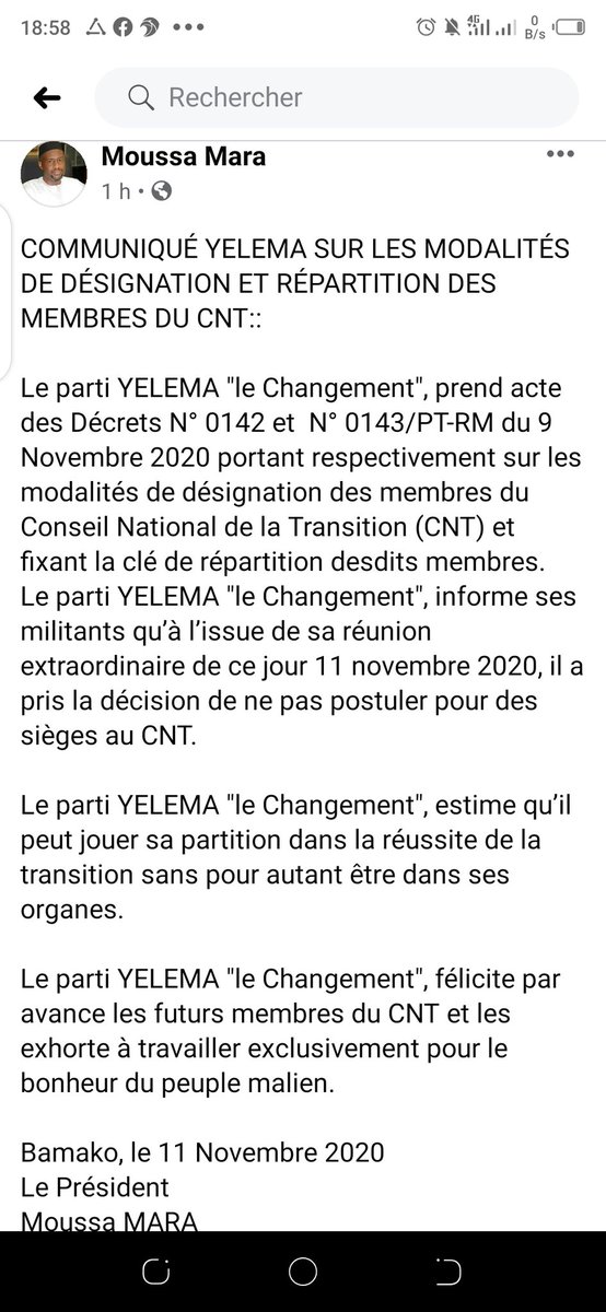 MoussaMaraMali's tweet photo. Le parti YELEMA "le Changement", informe ses militants qu’à l’issue de sa réunion extraordinaire de ce jour 11 novembre 2020, il a pris la décision de ne pas postuler pour des sièges au CNT. 
Le parti YELEMA "le Changement", estime qu’il peut jouer sa partition sans être dedans. https://t.co/t6tCZ9PnAz