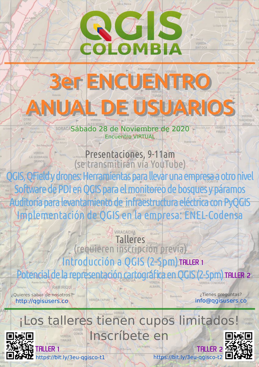 qgiscolombia's tweet photo. ¡Te invitamos al 3er Encuentro Anual de Usuarios #QGIS Colombia!

Es el sábado 28 de Noviembre y será VIRTUAL.

Tendremos presentaciones abiertas al público en general y talleres. Los talleres requieren inscripción previa.

Si tienes dudas, escríbenos!

¡Nos vemos pronto! #QGISCo https://t.co/zFMj3WGhf7