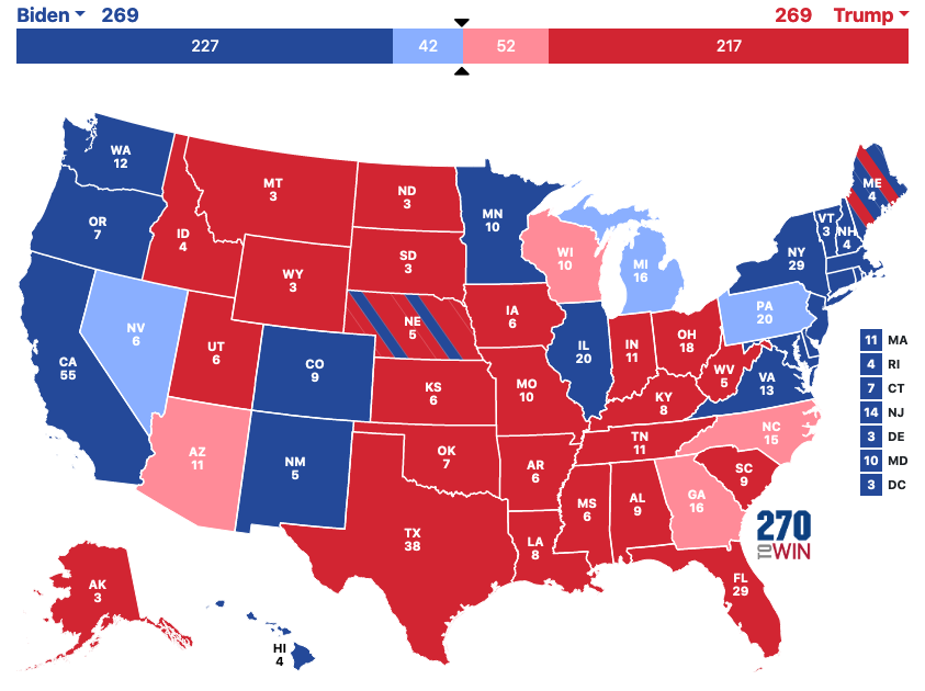 Earlier, I tweeted about the chance of a tie in the Electoral College. If Trump wins AZ, GA, and WI, all of which are extremely close with voting irregularities, then the EC would be tied at 269-269. So what happens if the EC is tied? Let's take a look at it...(1/)