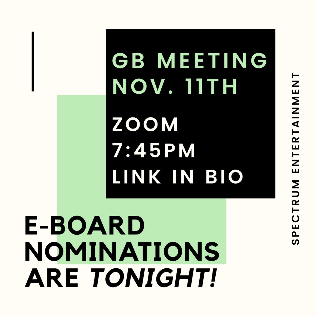 SpectrumFred's tweet image. ****Correction! E-Board nominations are tonight at 7:45, not 7. Make sure to come if you’re running for a position!