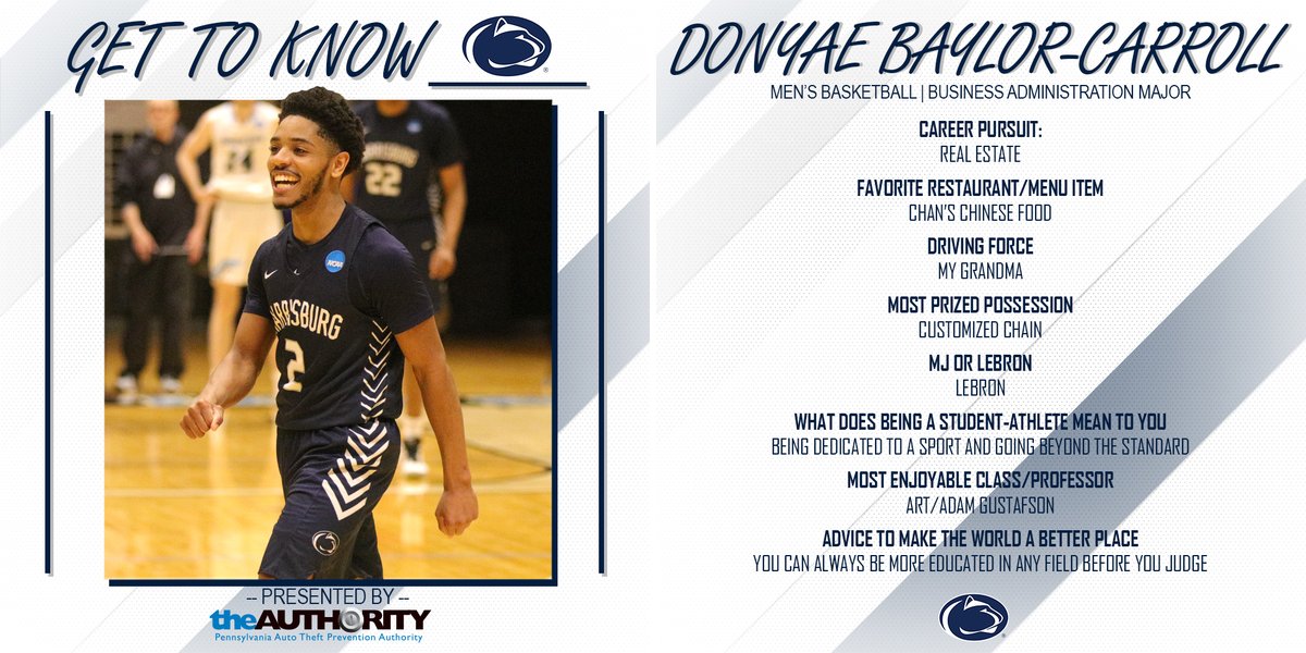 PSHbgAthletics's tweet photo. Next up is #pshbgmbb's Donyae Baylor-Carroll. Get to know a little more about the preseason all-American, all-region honoree, and reigning conference player of the year!

We wouldn't mind getting a look at that chain there, DBC... just saying.

#pshbgmbb 🦁
#PrideSpiritHonor 🔵⚪ https://t.co/RQAkyKhRSy