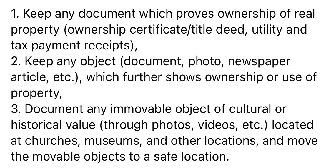 Khzrt's tweet photo. With the clock ticking, here are a few actions that can be taken today to help with future legal claims for remedying violations of personal rights &amp; cultural heritage.

Please forward this message to anyone who has property in Artsakh or can otherwise help with these actions. https://t.co/eb2Ub6yVZF
