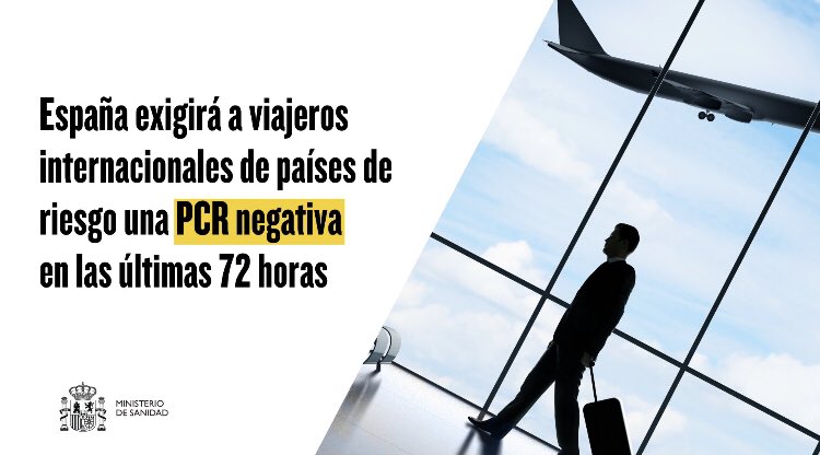 salvadorilla's tweet photo. A partir del 23 de noviembre, España exigirá una PCR negativa a los viajeros internacionales que procedan de países de riesgo. Esta medida se suma a los controles que se llevan a cabo actualmente: control documental, de temperatura y visual 
#COVID19 

ℹ️ https://t.co/S951XzIbi0 https://t.co/XPGU4OpDC8