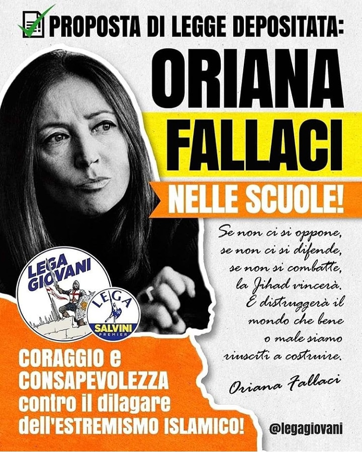 GiulioCentemero's tweet photo. 🔻#OrianaFallaci nelle scuole🔻
Come #Lega abbiamo depositato la proposta di #legge per introdurre la lettura di Oriana Fallaci nelle attività didattiche https://t.co/xPyot7ZkQC