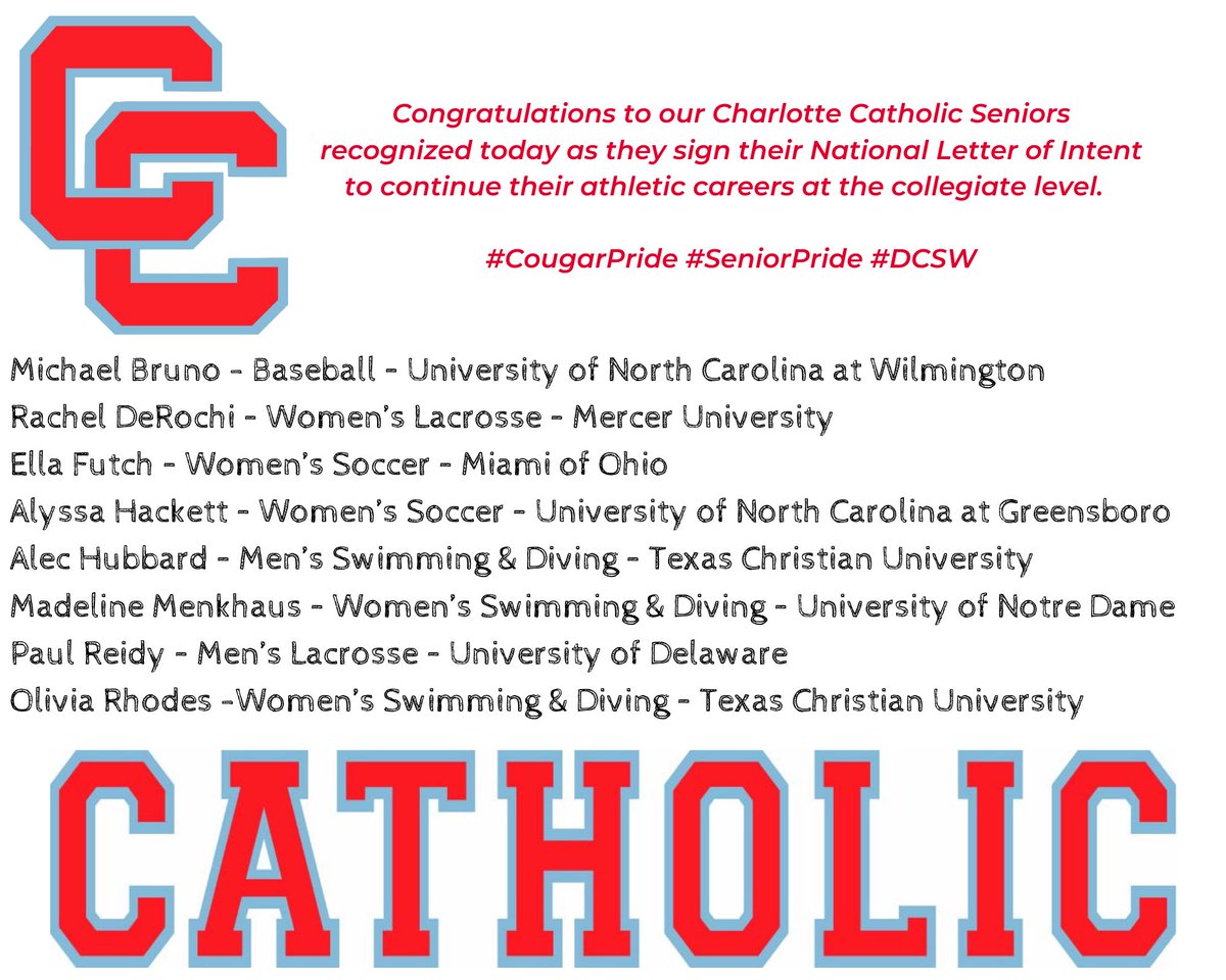 CCHSCougarNews's tweet photo. Congratulations to our Charlotte Catholic Seniors recognized today as they sign their #NLI to continue their athletic and academic careers at the collegiate level‼️ #CougarPride #SeniorPride #DCSW https://t.co/NdRxx6Dn3z