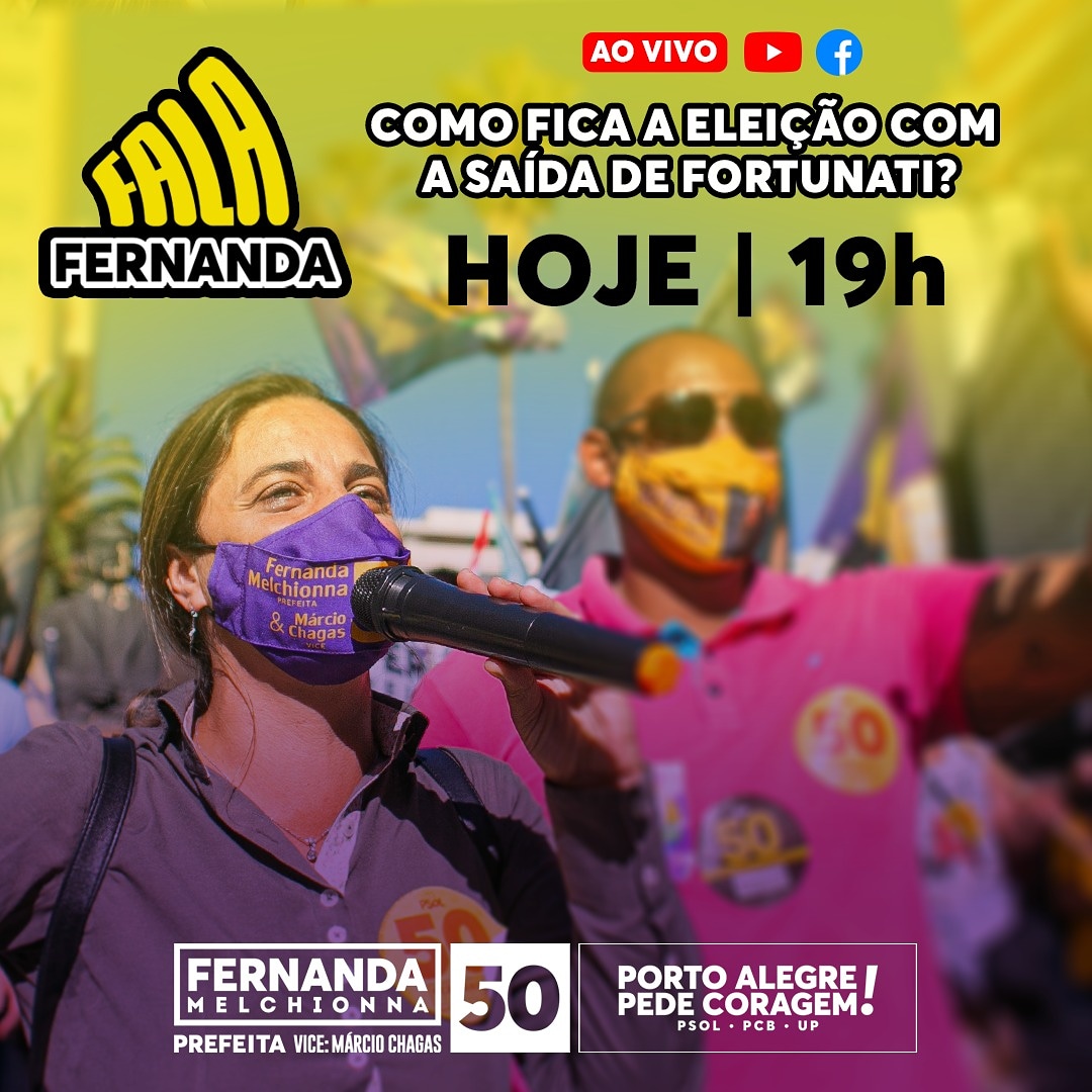 Mta gente está nos perguntando como ficará o cenário eleitoral com a saída de Fortunati. Hj à noite, às 19h, vamos fazer um #FalaFernanda especial! Agora é reta final, hora de declarar teu voto nas redes e fortalecer uma esquerda que não se rende e não se vende!

#POApedeCoragem