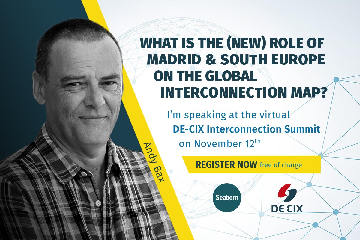 Seabornnetworks's tweet photo. Join @Seabornnetworks COO, Andy Bax at the
@DECIX Interconnection Summit on 11/12 to hear about the (new) role of Madrid and South Europe on the global interconnection map. https://t.co/zHIIdF3KNT #DECIXSummit #webuildtheinternet #Connectivity #interconnection https://t.co/9HeSl3VbYU
