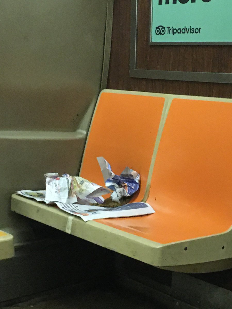 SuzanneSchwing's tweet photo. @NYCTSubway  n/b A train, car #5937. Human feces on a newspaper on one of the seats. https://t.co/SWL27Ws46r