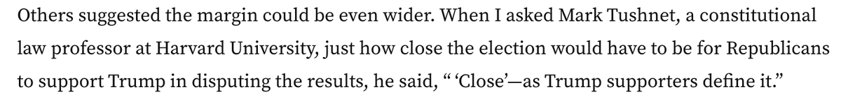 Step one was a close election. Biden's win was reasonably comfortable, and as a result, I think Trump is unlikely to succeed. But what counts as "close" is in the eye of the beholder (see below). And for Trump and Republicans, this was close enough.  https://washingtonmonthly.com/magazine/april-may-june-2019/how-trump-could-lose-the-election-and-remain-president/