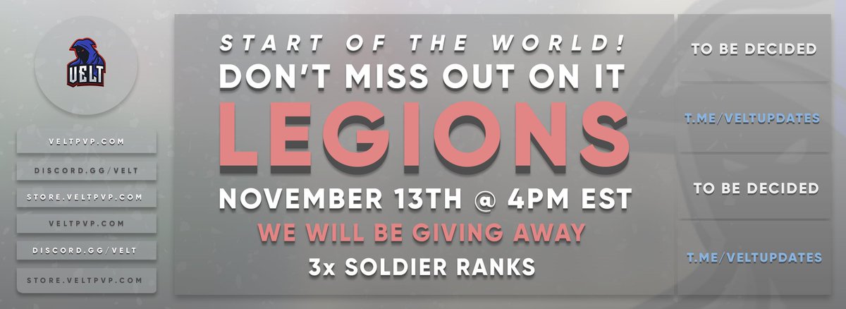 VeltPvP's tweet image. Velt | Legions ⚡

★ Velt Legions SOTW is happening this Friday @ 4PM EST! ⚔

We're doing polls in our chat to let you vote on what we run!
➥ Make sure you join our Telegram Chat:
📃 telegram.me/VeltUpdates

We're giving away:

🎁 3x Soldier Ranks

❤️, 🔄 and follow to enter!