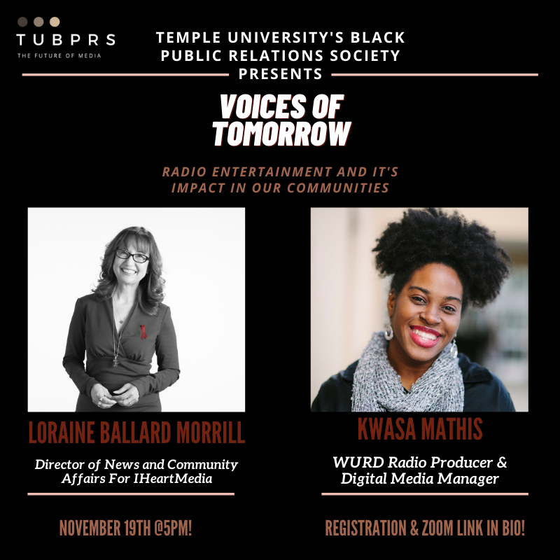 TUBPRS's tweet photo. As we navigate our voice in society and in the media, join us next Thursday, November 19th @ 5PM, for a panel discussion w/ Loraine Ballard Morrill from @iHeartMedia and Kwasa Mathis from @onwurd on radio entertainment and its impact in our communities!

https://t.co/wdhpIPFM5m https://t.co/RAAwN3H15z