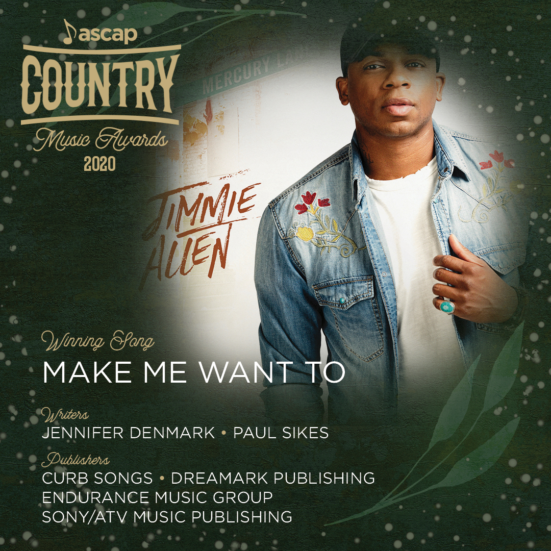ASCAP's tweet photo. 🎶  Yeah it might be too soon to say I love you
But you're gonna make me want to 🎶

#MakeMeWantTo by @JimmieAllen is a #ASCAPAwards winning song. Congrats to #ASCAP writers Jennifer Denmark &amp; @paulsikes + publishers @CurbWord Endurance Music Group @SonyATVMusicPub! https://t.co/XnB6m4ihic