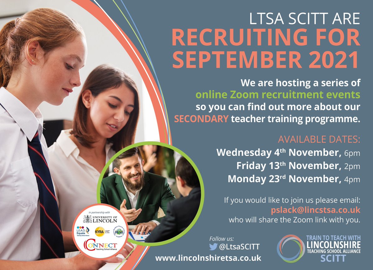 Thinking about a #career as a #secondary #teacher? Next event is this Friday at 2pm, email pslack@lincstsa.co.uk and for the Zoom link and join us for a chat buff.ly/2TypbO3
<a href="/KYRAteaching/">KYRA</a> <a href="/ConnectTSA/">ConnectTSA</a> @LEADEquateTSA <a href="/EBSchoolDirect/">Ellison Boulters ITT</a> <a href="/UoLCareers/">University of Lincoln Careers & Employability</a> <a href="/unilincoln/">University of Lincoln, UK</a>