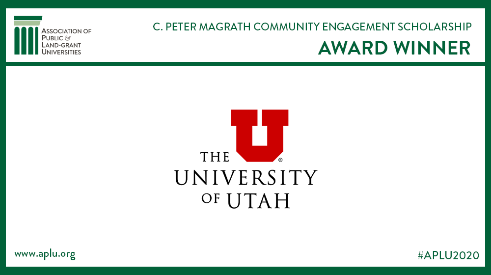 APLU_News's tweet photo. Congratulations to the #APLU2020 C. Peter Magrath Community Engagement Scholarship award recipient, @UUtah! https://t.co/OGohPQSypf