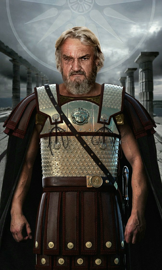 Illustration de Philippe II de Macédoine, incarné par... Mon papa !
Le linothorax est une création en 3D par Spyros Frigas <a href="/SFrigas/">Spyros Frigas</a>, d'après l'œuvre de Dimitrios Katsikis. (Ευχαριστώ, κύριοι !)