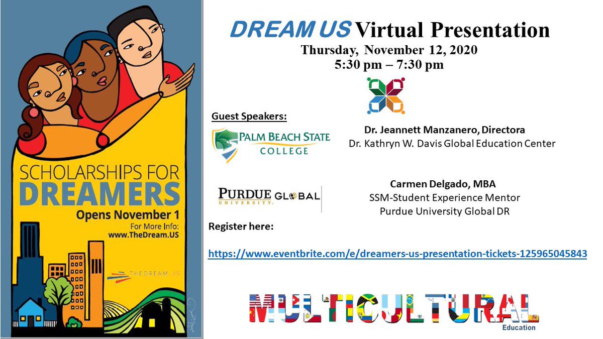 JavierOrtolaza's tweet photo. Join us Thursday, November 12, 2020, from 5:30 pm – 7:30 pm, Dr. Manzanero from the Global Education Center of PBSC &amp; Carmen Delgado from Perdue University Global DR will be presenting the DREAM US Scholarship. @PBStateCollege @EsolPbc @harveyoaxaca https://t.co/uk30c7IENi
